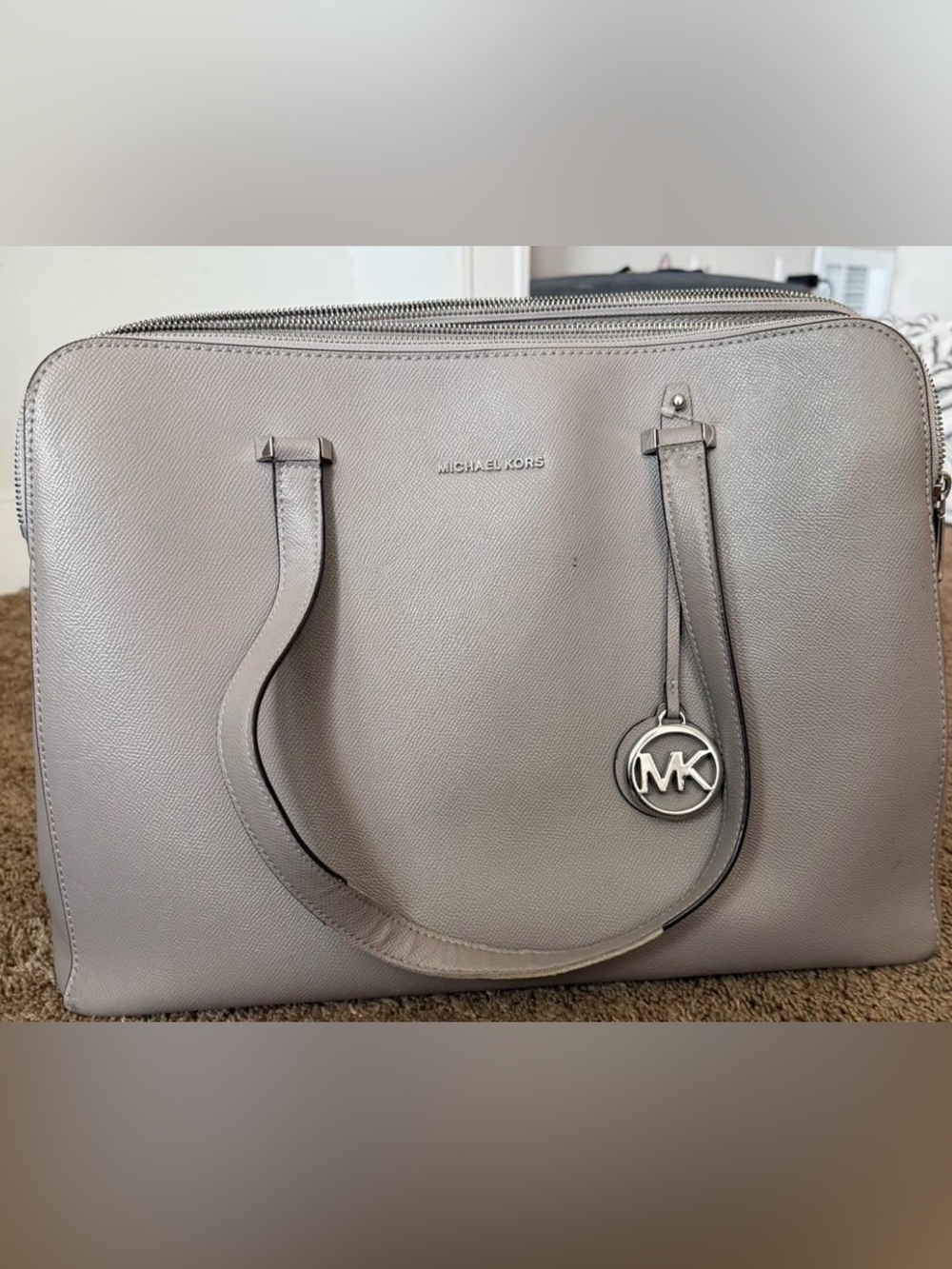 Michael Kors Taupe-Gray Saffiano Leather Houston XL Tote with MK Charm